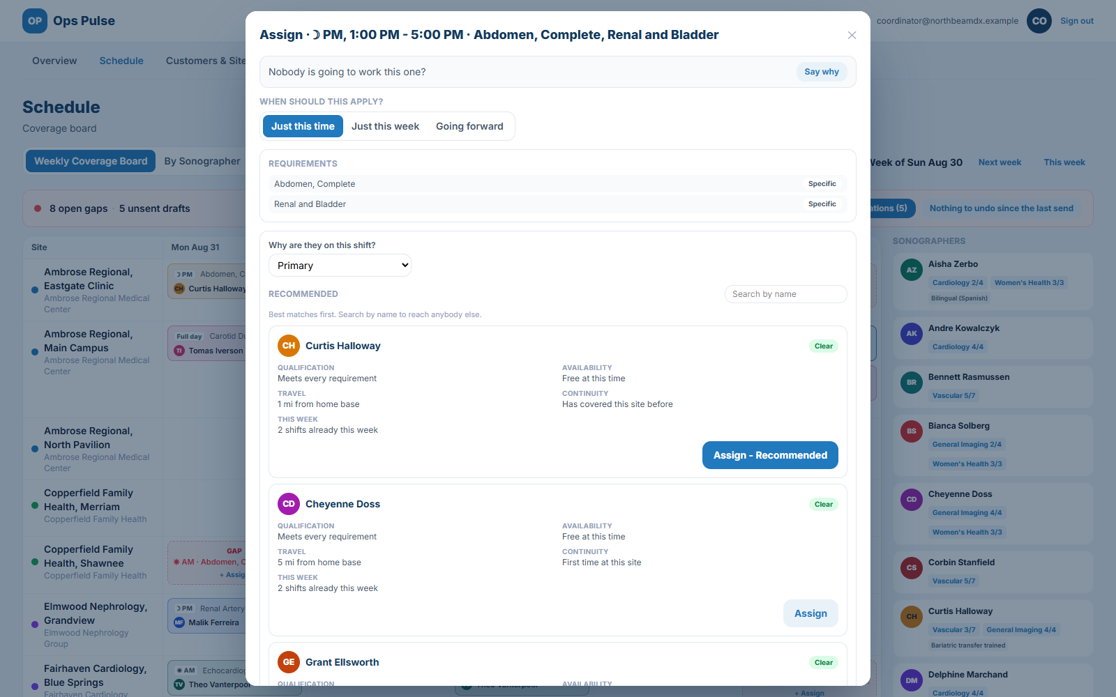 The assign dialog listing recommended sonographers ranked best first, each showing qualification, availability, travel distance and site continuity