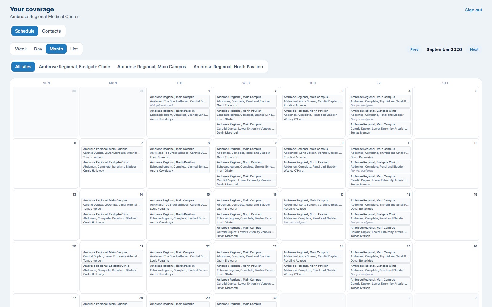 The customer view showing one health system's own coverage for the month, with site filters and contacts