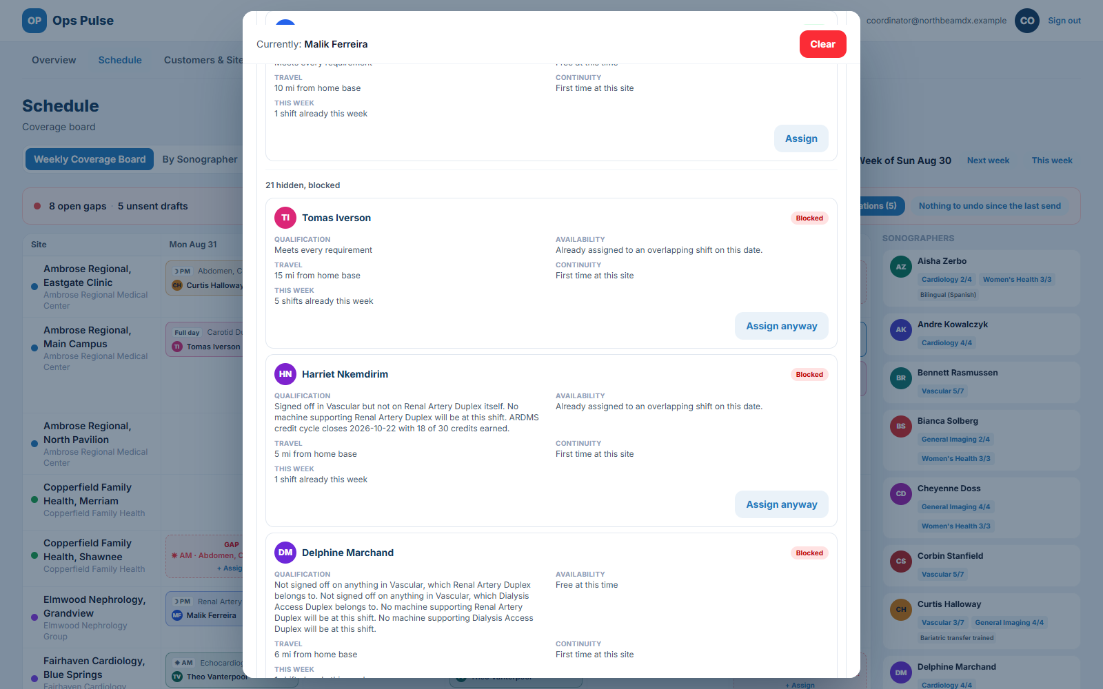 The qualification gate listing blocked candidates with reasons, including missing sign-offs, no supporting machine at the shift, and an overlapping assignment
