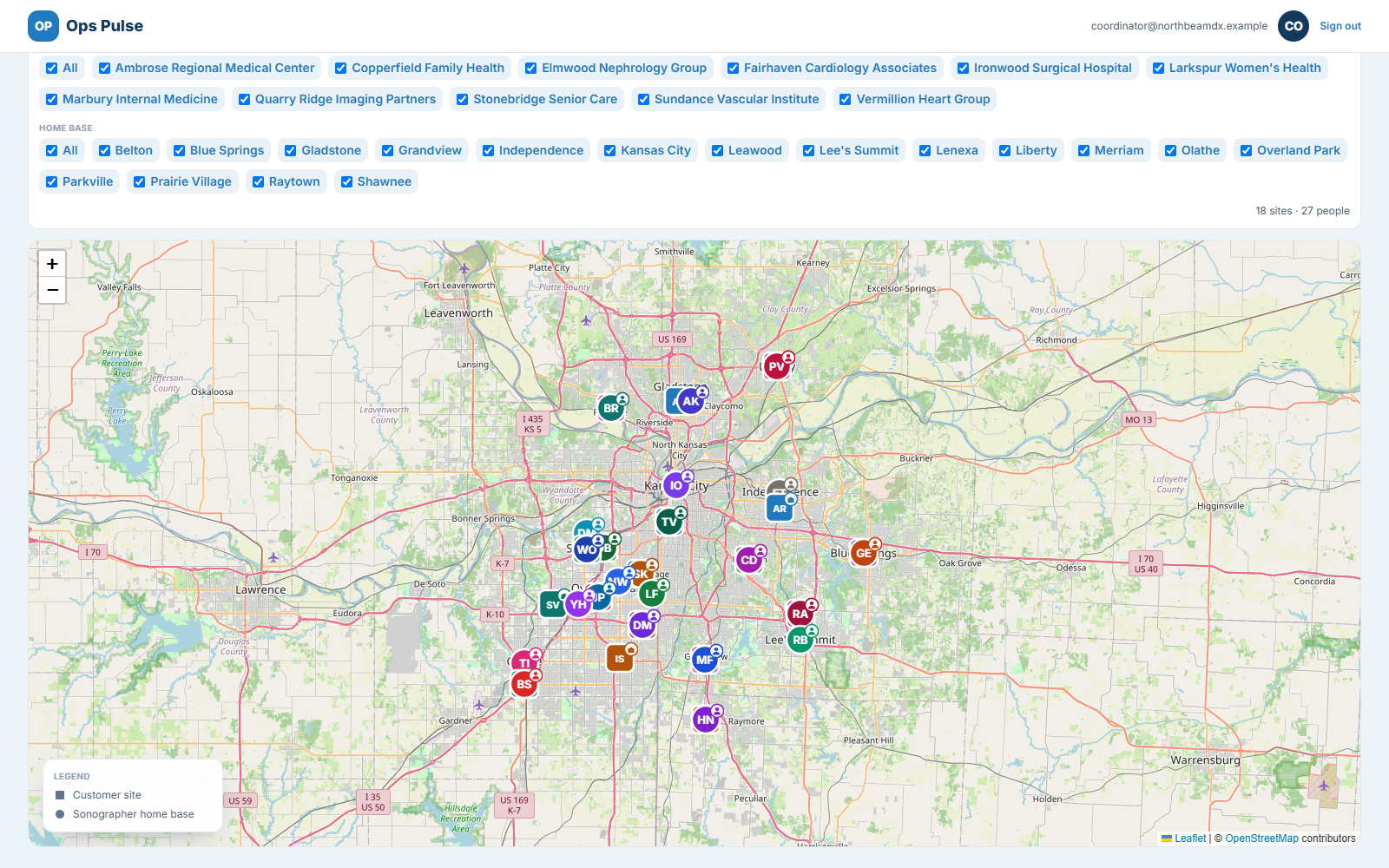 A map of the metro area showing customer sites and sonographer home bases, filterable by customer and by home base city